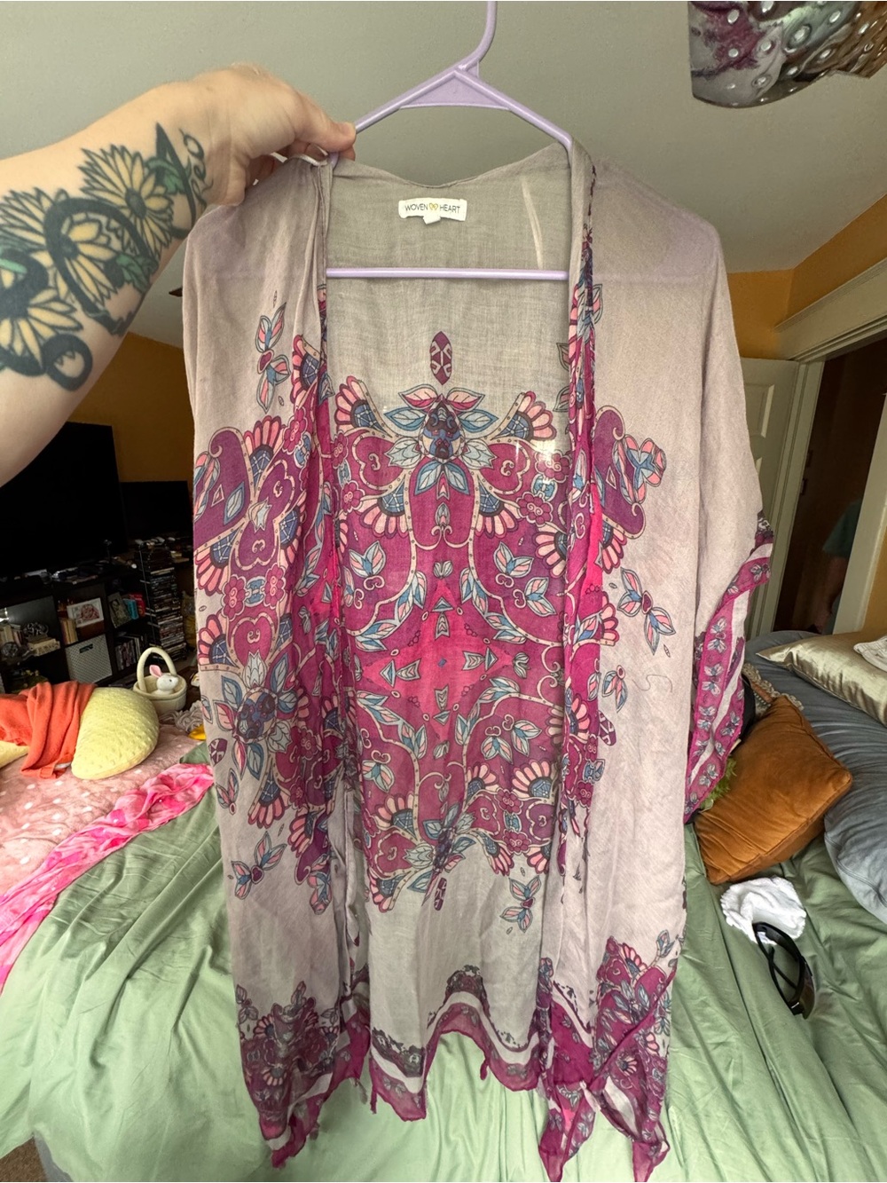 Woven Heart Sheer Kimono in Mauve with Pink Accents